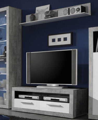 Pietra 120cm Modern Grey and White Gloss TV Cabinet with Wall Shelf - UK Luxury Furniture